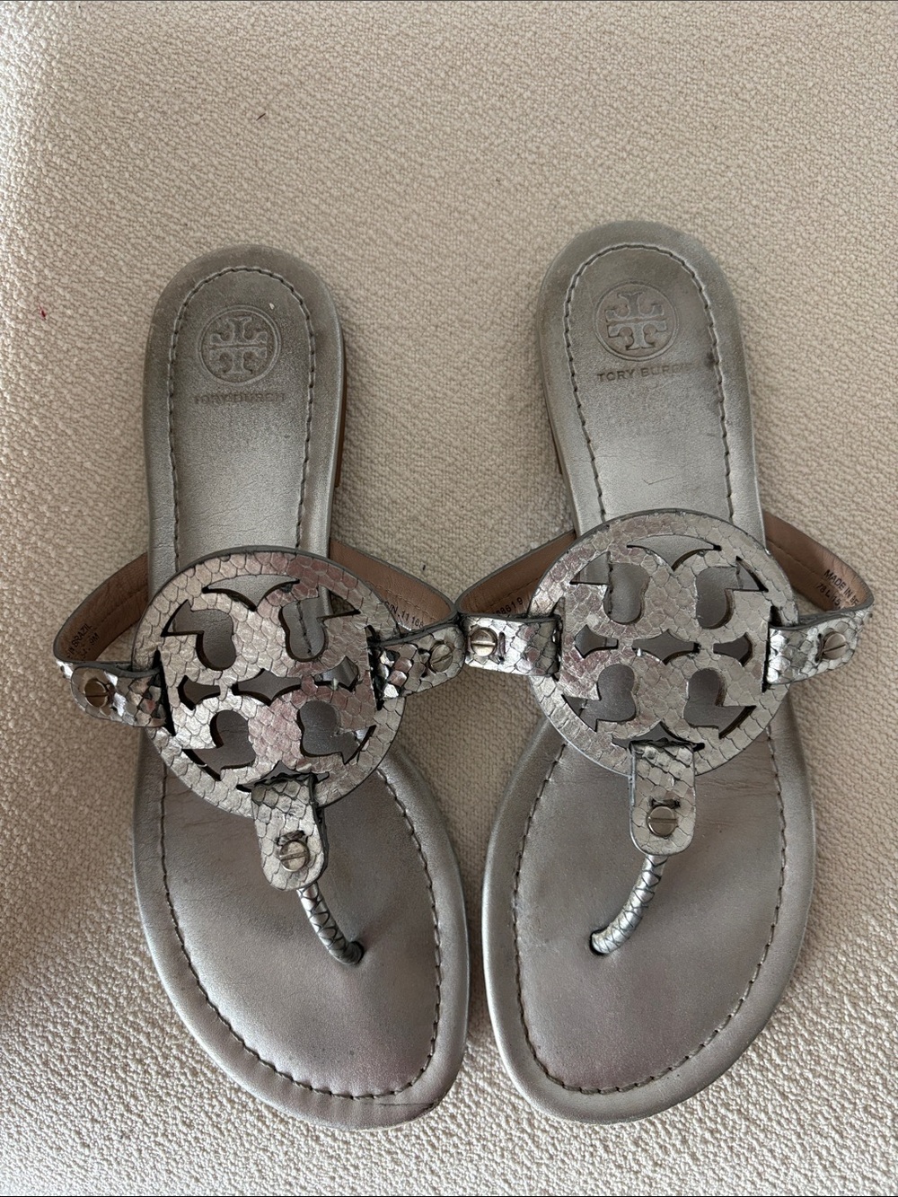 Tory Burch Metallic Silver Logo Cutout Thong Sandals